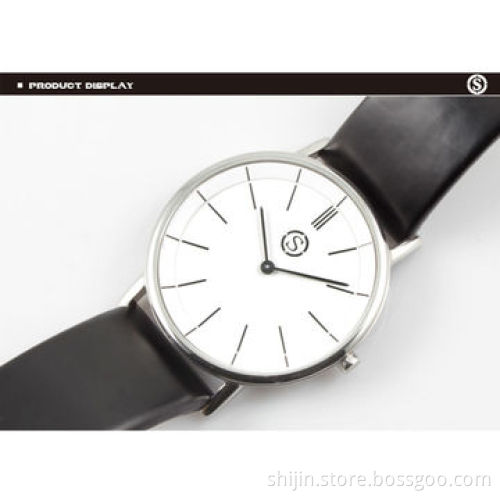 Ultra-thin stainless steel watch with genuine leather band, for men